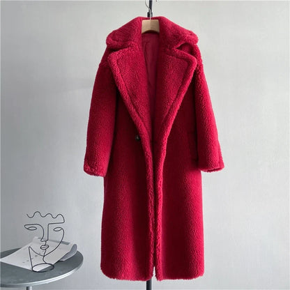 Damen Teddy-Mantel mit Reverskragen Lang Warmer Plüschmantel