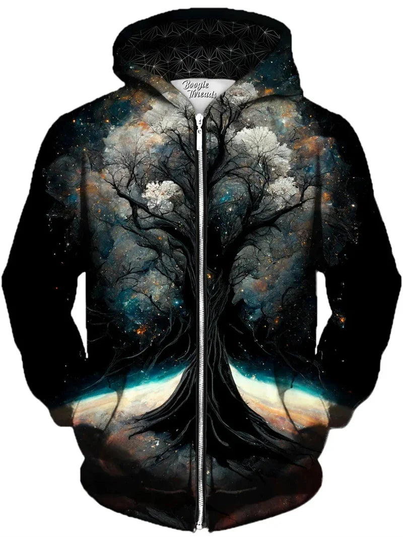 Unisex Reißverschluss Hoodie mit farbigem Baum-Motiv, bunter Print Kapuzenpullover