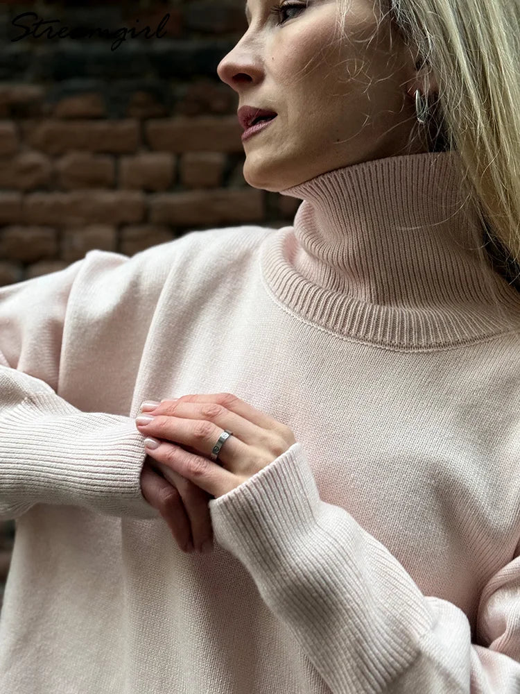 Damen Rollkragenpullover Oversize Strickpullover Lange Ärmel