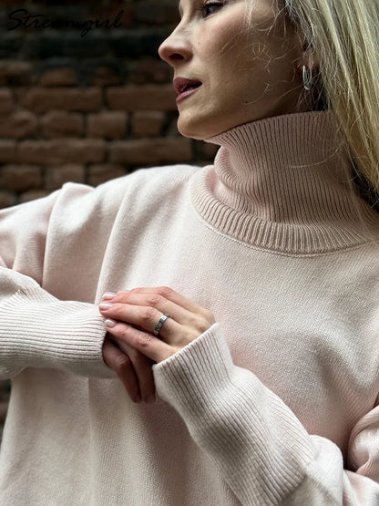 Damen Rollkragenpullover Oversize Strickpullover Lange Ärmel