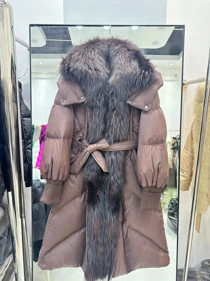Damen Daunenmantel lang mit Kunstpelzkragen und Gürtel Steppjacke
