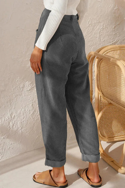 Damen Cordhose Plissee High Waist Cropped-Hose mit Falten