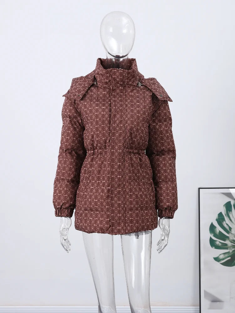 Damen Steppjacke mit Kapuze und Kordelzug, kurzer Puffermantel, gemustert
