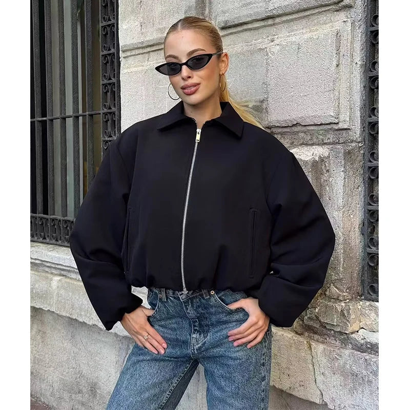 Damen Kurzjacke mit Reißverschluss und Kragen Oversized