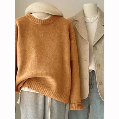 Damen Strickpullover Rundhals Rippstrick Oversize