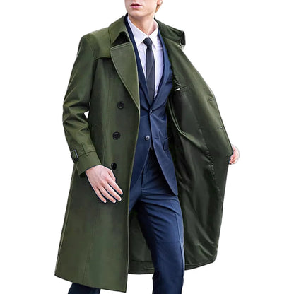 Herren Trenchcoat Zweireiher Langer Mantel mit Reverskragen und Gürteldetails
