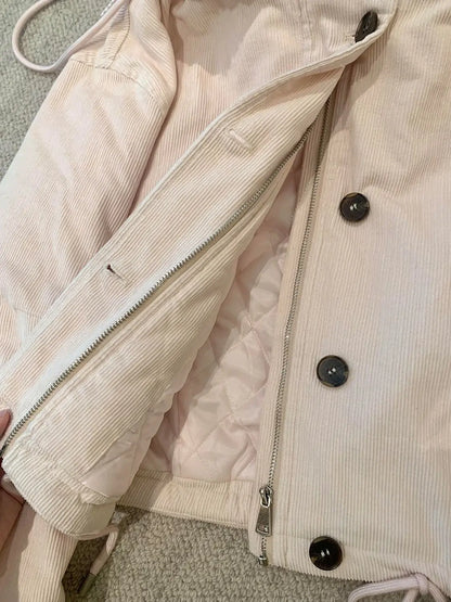 Kurze Damen Cordjacke mit Kapuze und Teddyfutter Rosa