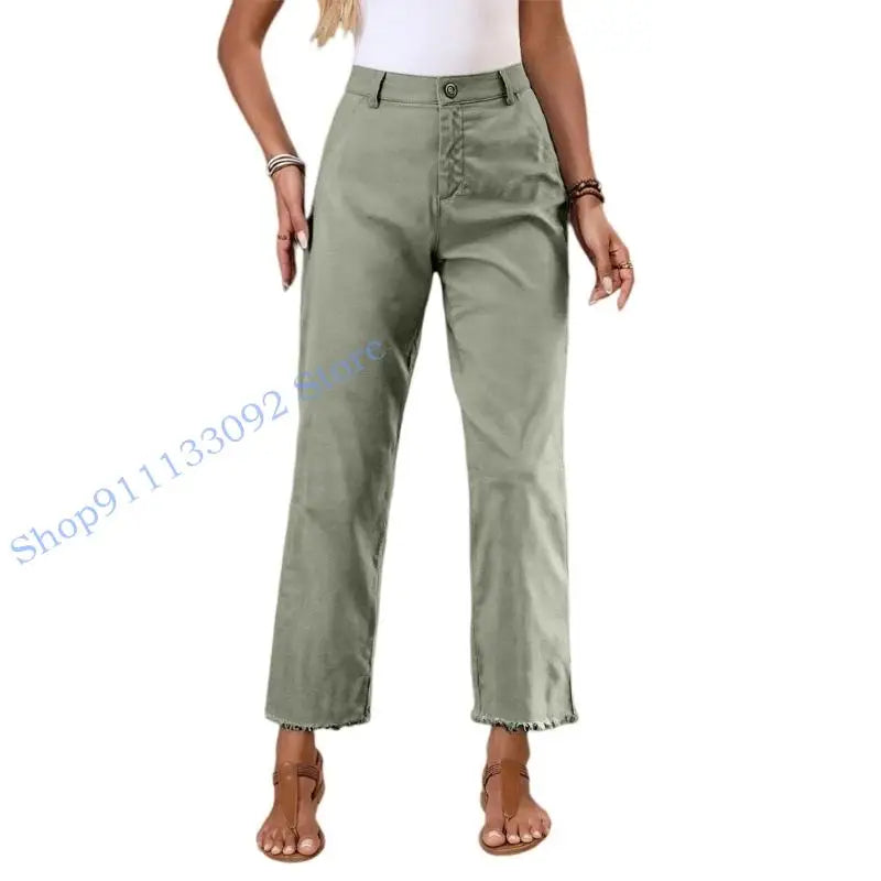 Damen Freizeithose mit hohem Bund und Fransen Saum