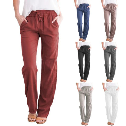 Damen Freizeithose mit weitem Bein und Kordelzug, Leinen-Look, Elastischer Bund