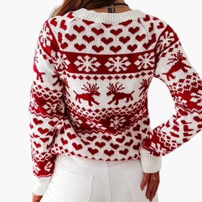 Damen Winter Norwegerpullover – Weihnachtlicher Strickpullover mit Rentier- und Herzmotiv, gemütlich für Alltag & Festtage