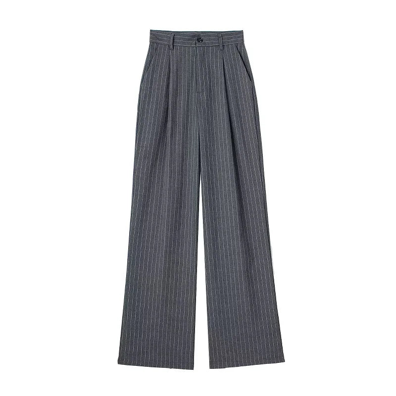 Damen Weite Hosen High Waist Straight Leg mit Faltenwurf – Schwarz, Beige, Grau, Gestreift