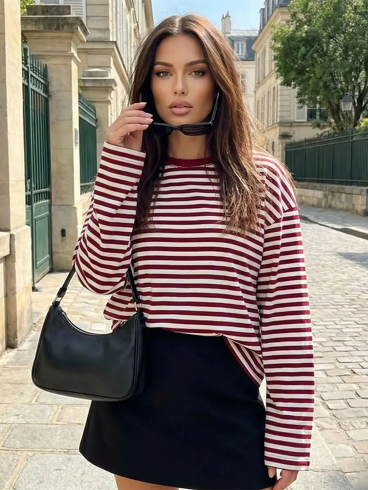 Gestreiftes Langarm Cropped Top Rundhals Damen