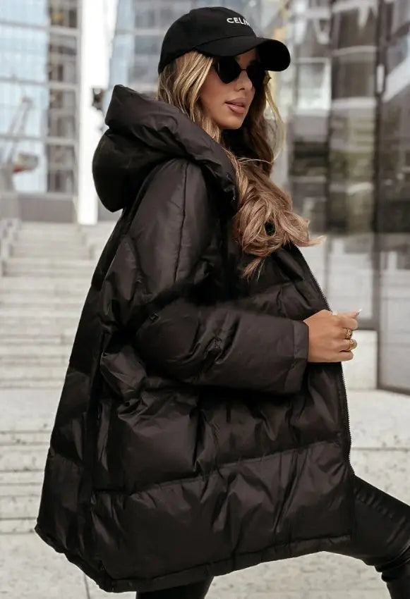 Damen Steppjacke mit Kapuze Oversize Schwarz
