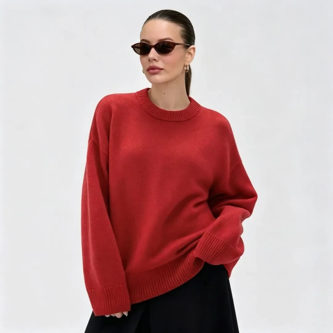 Damen Oversize Rundhals Pullover Langarm Basic Strickpullover