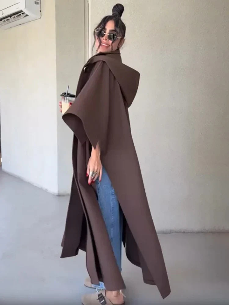 Damen Langer Mantel Braun Übergröße Weite Ärmel