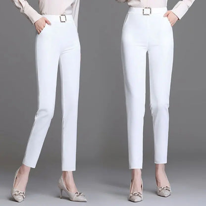 Damen Stoffhose Weiß mit Zierschnalle Hochwasser Slim Fit