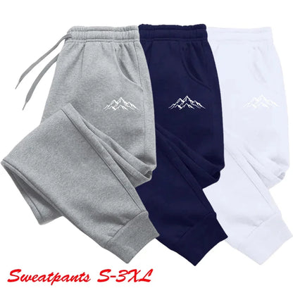 Unisex Jogginghose mit Bergmotiv, elastischer Bund, Kordelzug, Bündchen