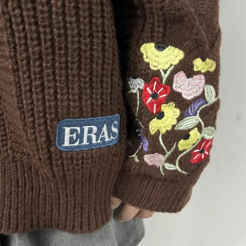 Damen Strickjacke im Vintage-Stil mit Blumenstickerei – Perfekt für Freizeit und Alltag