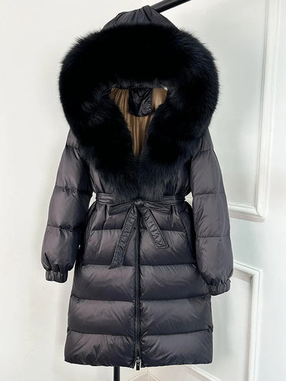 Damen Daunenmantel Schwarz mit Echtfellkragen und Bindegürtel Langer Winterparka