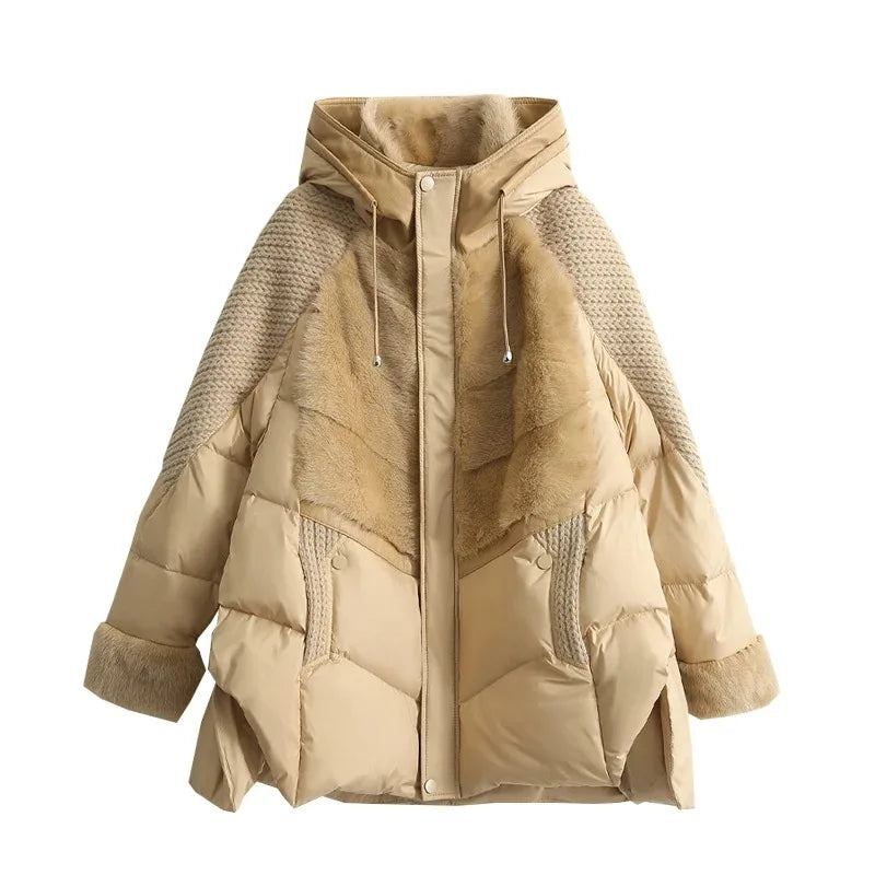 Damen Winter Steppjacke mit Kapuze Teddyfutter Strickdetails Beige