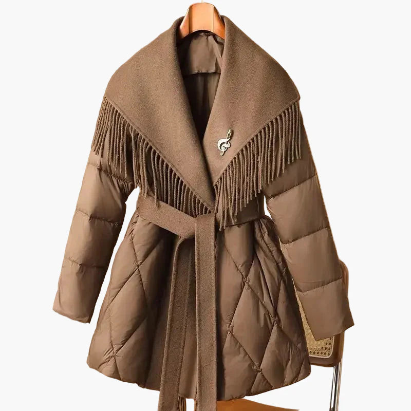 Damen Winter Steppmantel mit Veganer Wollkragen und Fransen – Modischer Koreanischer Stil, Elegant und Warm für Alltag und besondere Anlässe