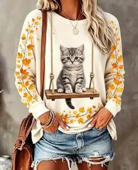 Damen Langarmshirt Rundhals mit Tier-Print Schaukelmotiv
