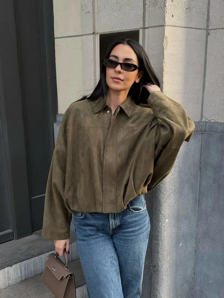 Damen Kurzjacke Oversize Cropped mit Kragen Braun