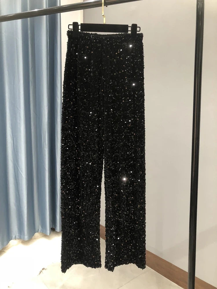 Damen Pailletten Hose Weites Bein – Glitzernde Freizeithose mit Elastischem Bund