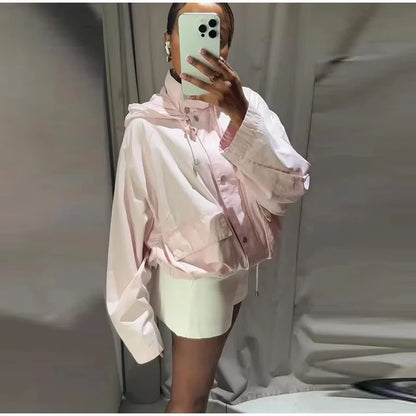 Kurze leichte Damenjacke Rosa mit Kapuze und Kordelzug