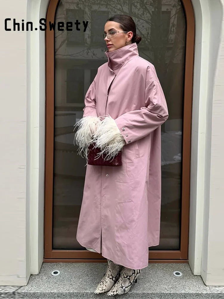 Damen Langer Mantel Übergroßer Trenchcoat mit Stehkragen und weiten Ärmeln