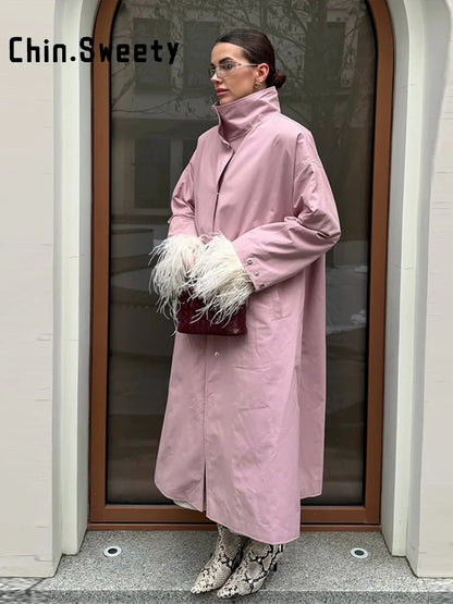 Damen Langer Mantel Übergroßer Trenchcoat mit Stehkragen und weiten Ärmeln