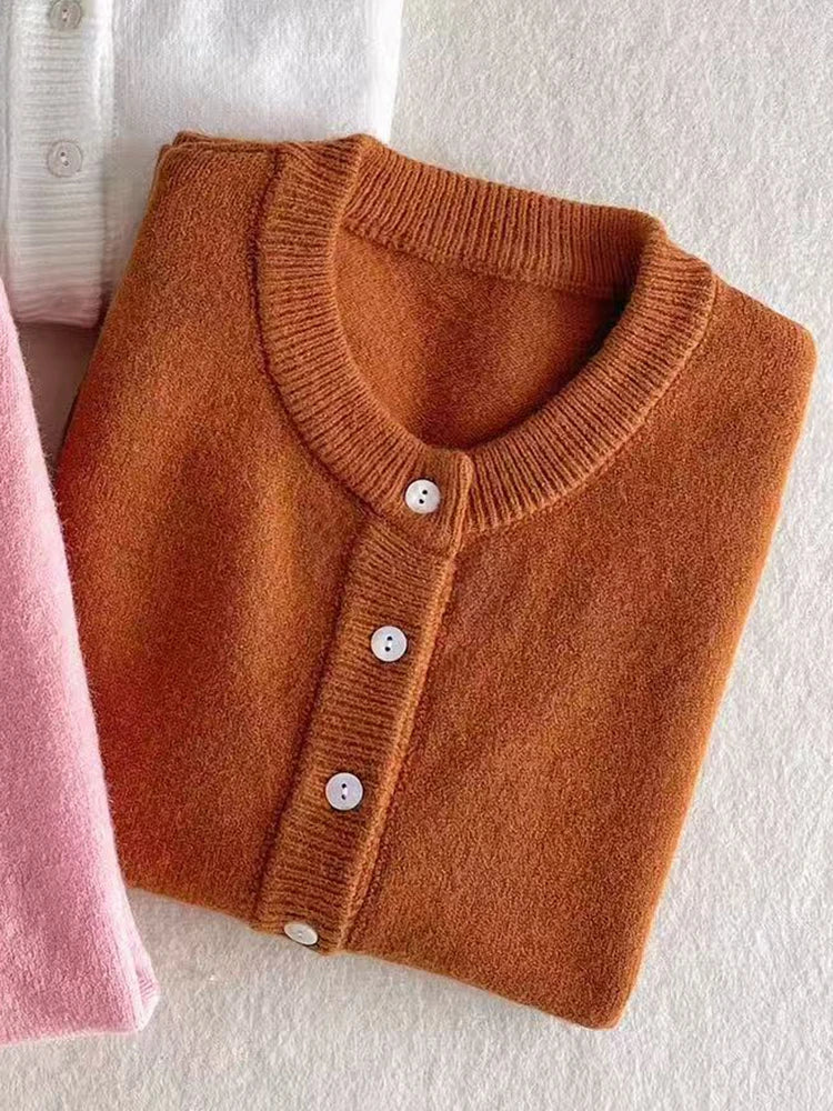 Damen Cardigan Rundhals Strickjacke mit Knöpfen