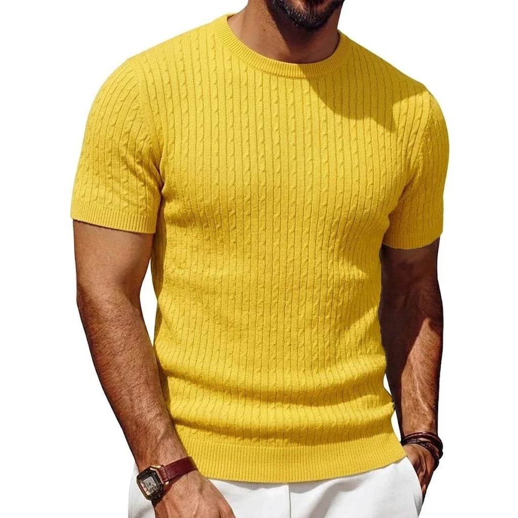 Herren Kurzarm Pullover Rundhals Strick mit Zopfmuster Marineblau