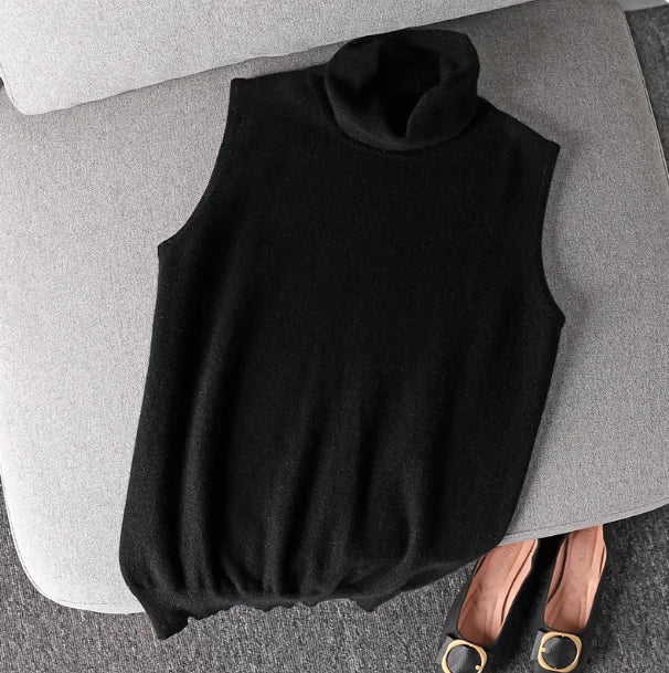 Damen Rollkragen Weste Ärmellos Strickpullover Unifarben