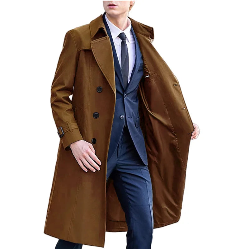 Herren Trenchcoat Zweireiher Langer Mantel mit Reverskragen und Gürteldetails