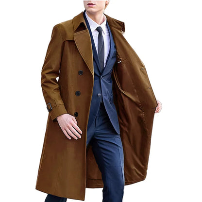 Herren Trenchcoat Zweireiher Langer Mantel mit Reverskragen und Gürteldetails