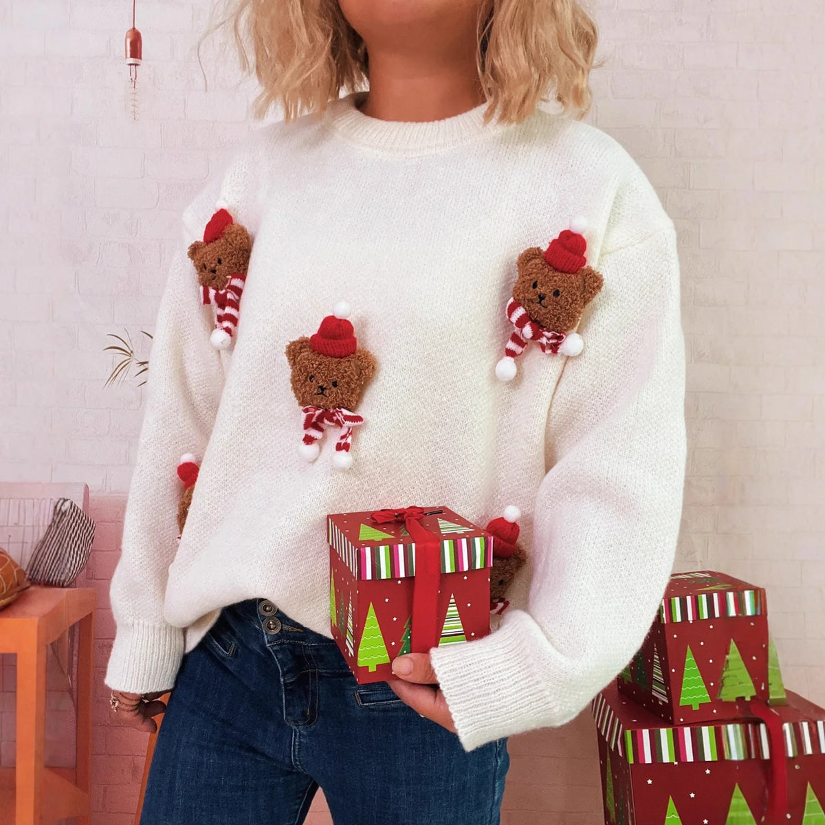 Damen Weihnachtspullover Strick Teddybär Applikationen Rundhals Rot