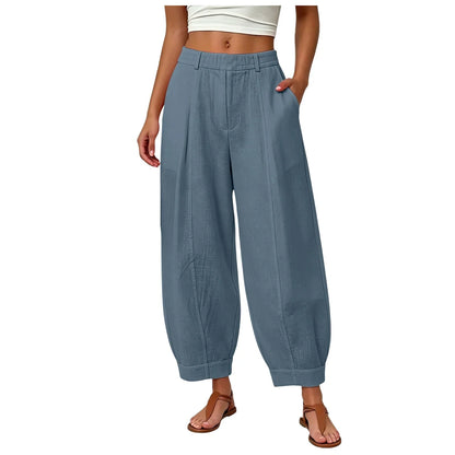 Damen Pumphose Weites Bein High-Waist Freizeithose mit Taschen