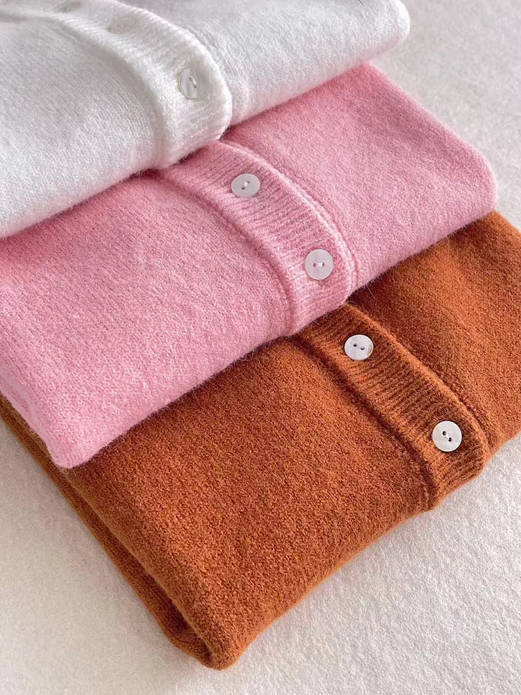 Damen Cardigan Rundhals Strickjacke mit Knöpfen