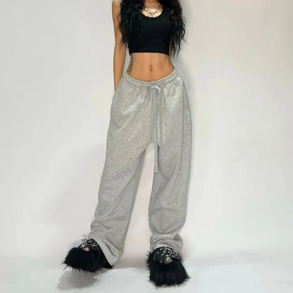 Weite Sweatpants Hose Damen Grau mit Seitenstreifen Kordelzug