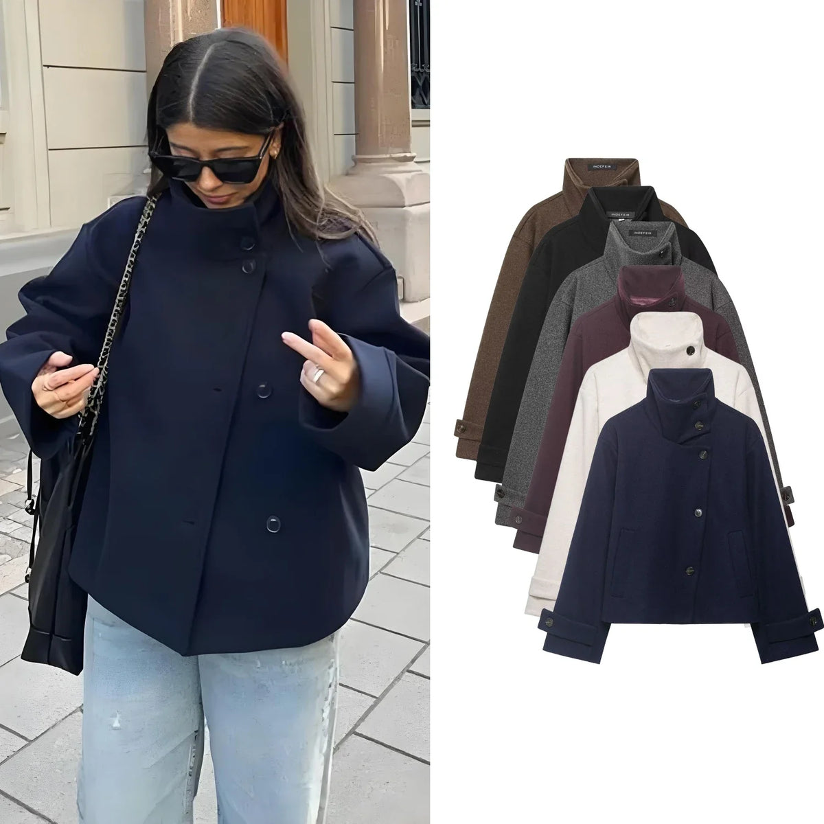 Damen Kurzjacke mit Stehkragen und weiten Ärmeln, lockere Passform