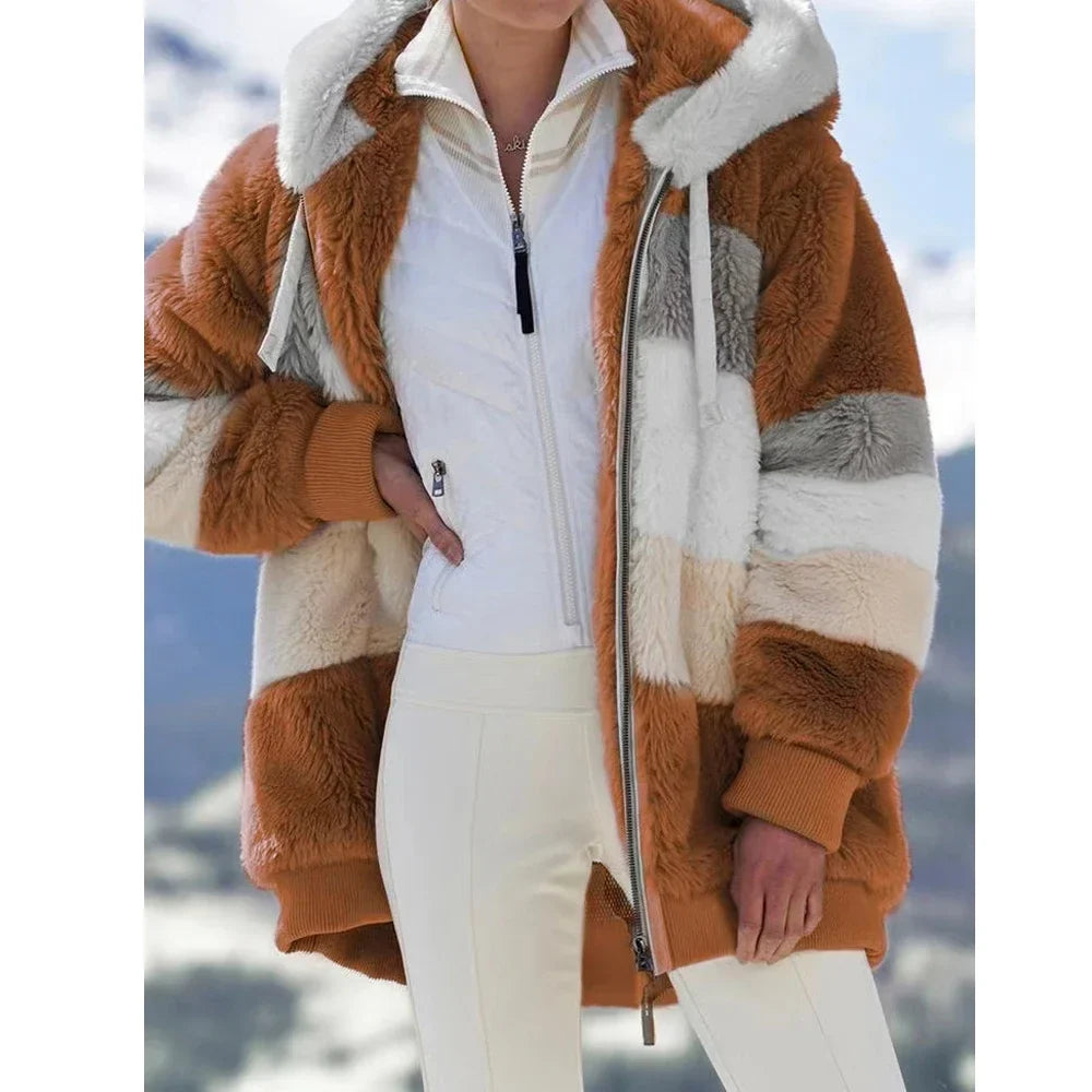 Damen Teddyfell Jacke mit Kapuze Reißverschluss Mehrfarbig Blockstreifen Winter