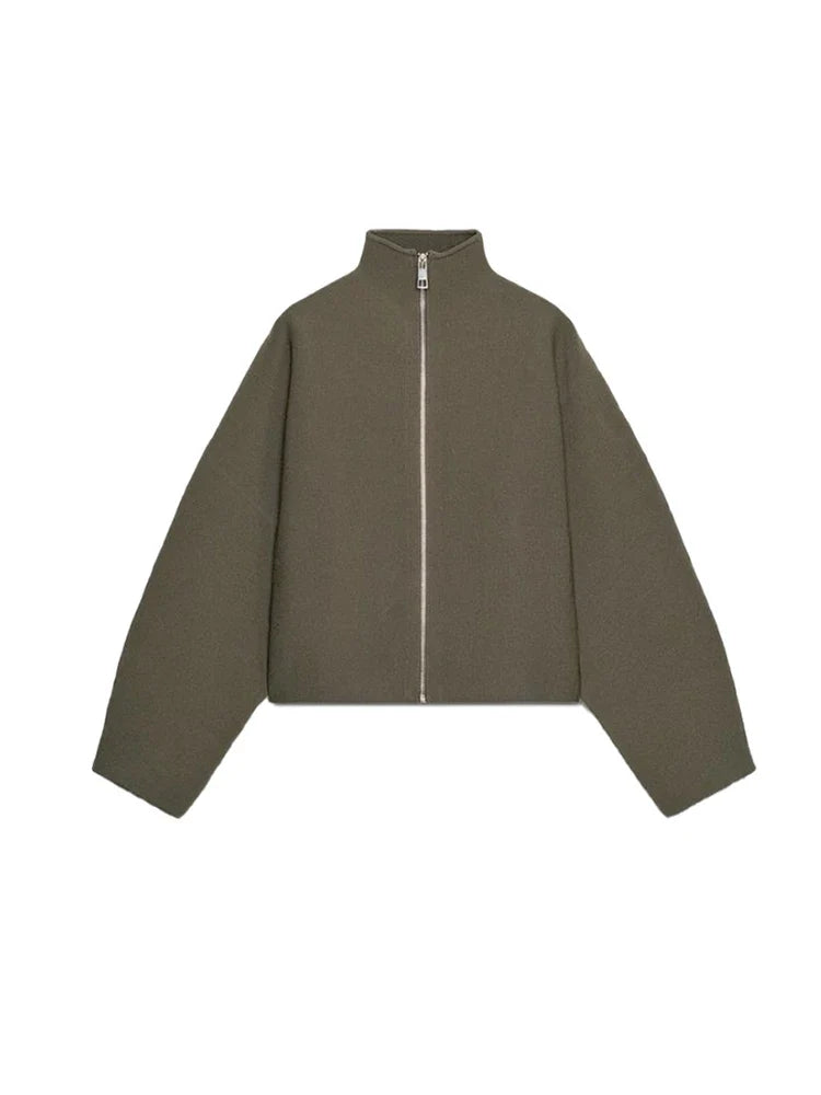 Grüne Kurzjacke mit Stehkragen und Reißverschluss