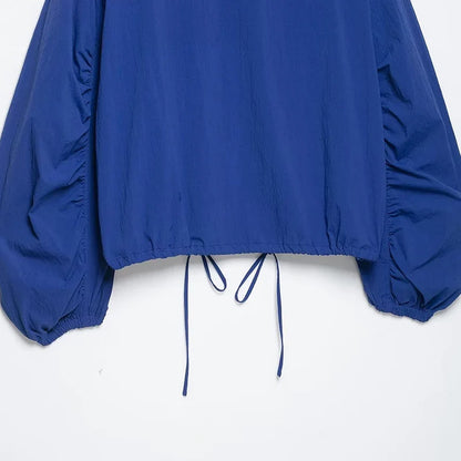 Blaue Damen Bluse mit Stehkragen & Kordelzug am Saum