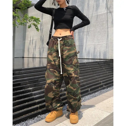 Cargohose Damen Camouflage Grün Weites Bein