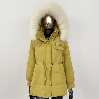 Damen Winter Parka mit Kapuze und Fellkragen Tunnelzug Weiß