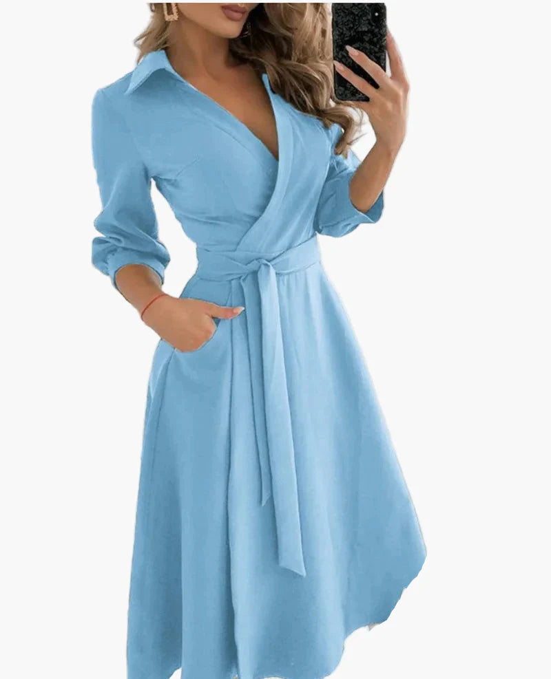 Damen Wickelkleid mit Gürtel – Elegantes Freizeitkleid mit Kragen und 3/4-Ärmeln für Alltag und Büro