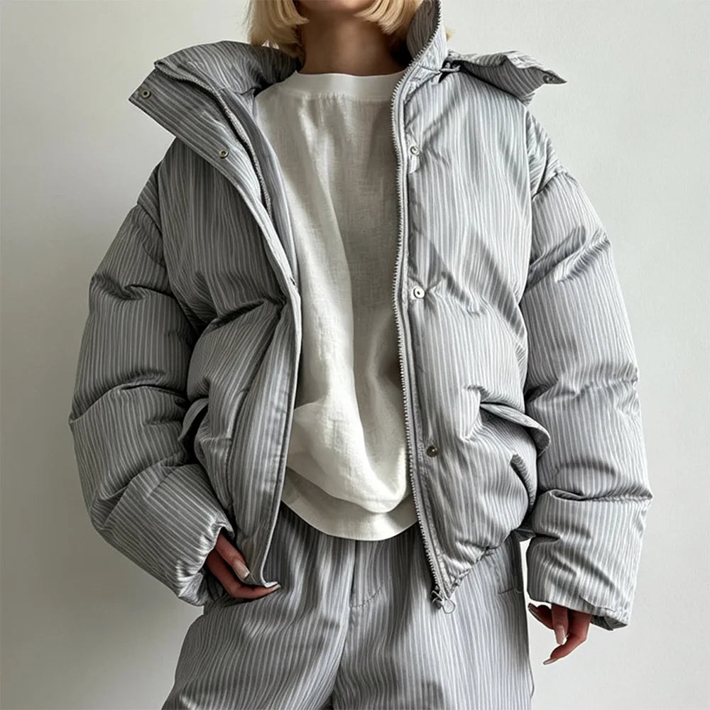 Gepolsterte Pufferjacke mit Kapuze für Damen, gestreift, Oversize-Passform