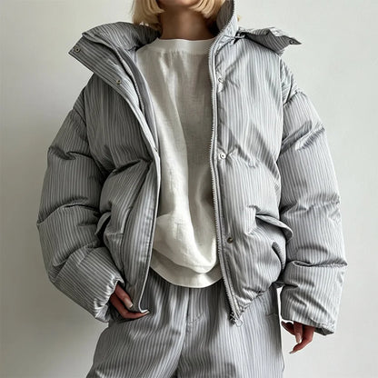 Gepolsterte Pufferjacke mit Kapuze für Damen, gestreift, Oversize-Passform