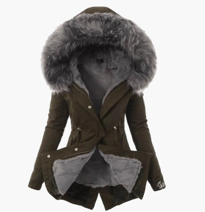 Damen Wintermantel mit Kapuze und Kunstfell-Futter – Eleganter, warmer Parka für kalte Tage